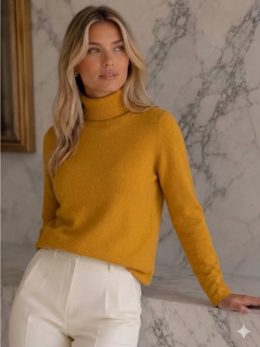 Bloomingdale's Women's M Petite Mustard Gold 100% Cashmere Turtleneck Sweater